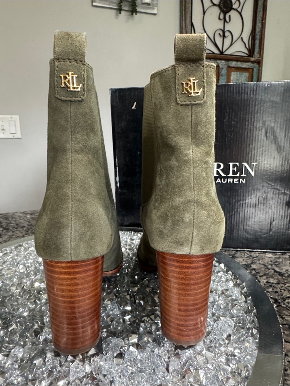 Ralph Lauren Olive Suede Stacked Heel Chelsea Boot NEW 6 - Picture 2 of 15